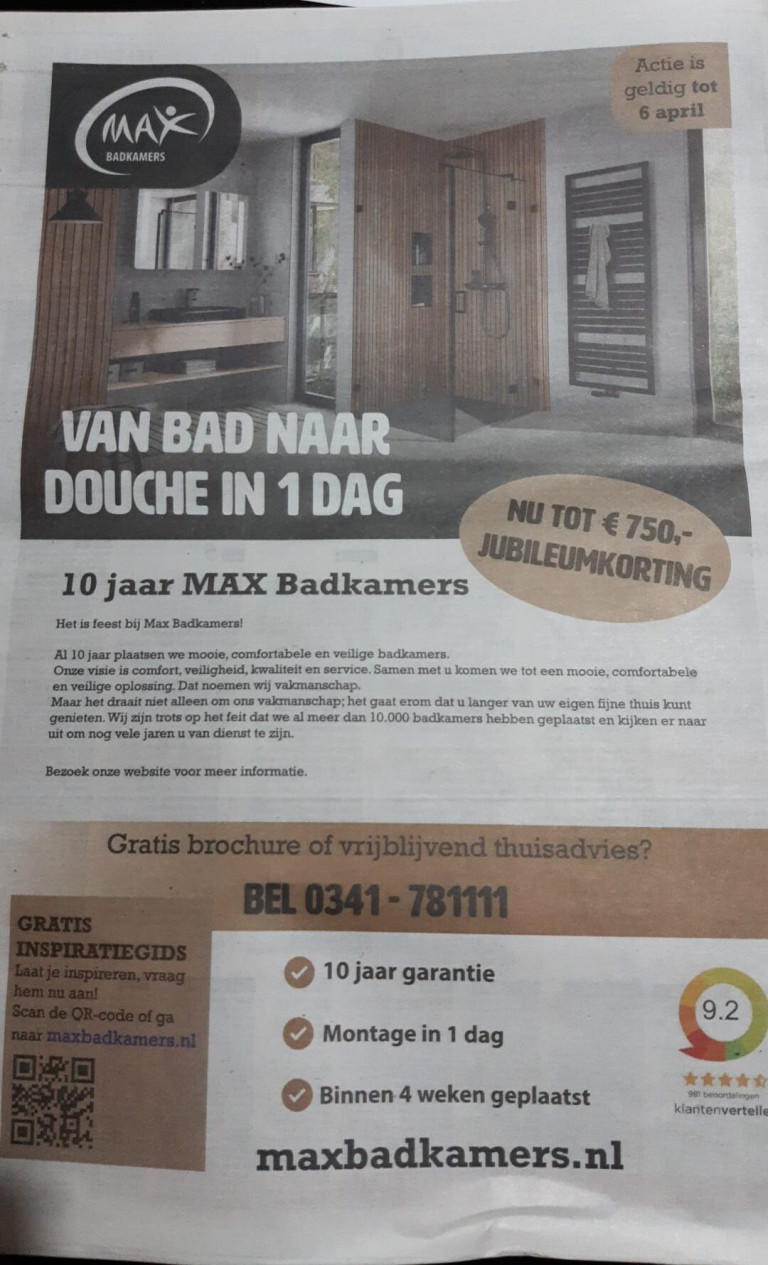 Advertentie MAX Badkamers in Telegraaf